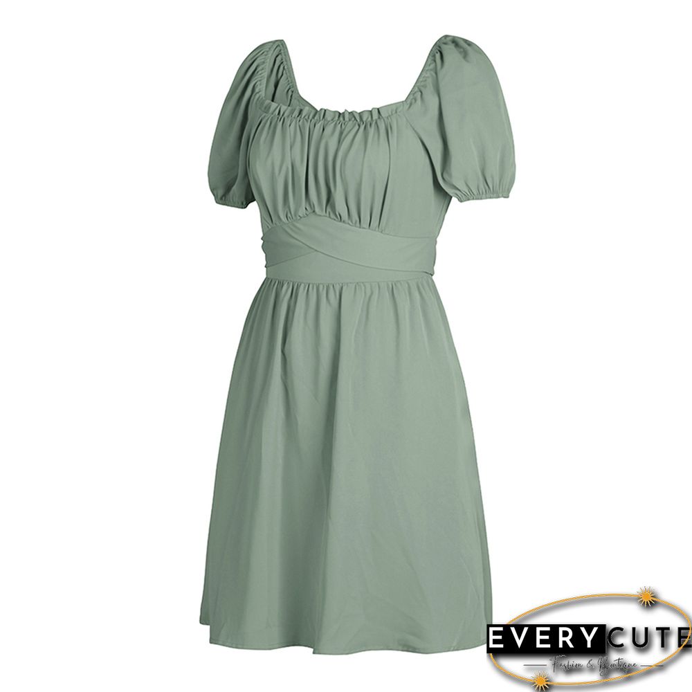 Pea Green Square Neck Slim Waist Mini Dress