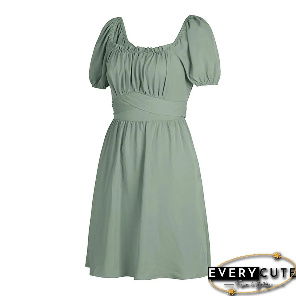 Pea Green Square Neck Slim Waist Mini Dress