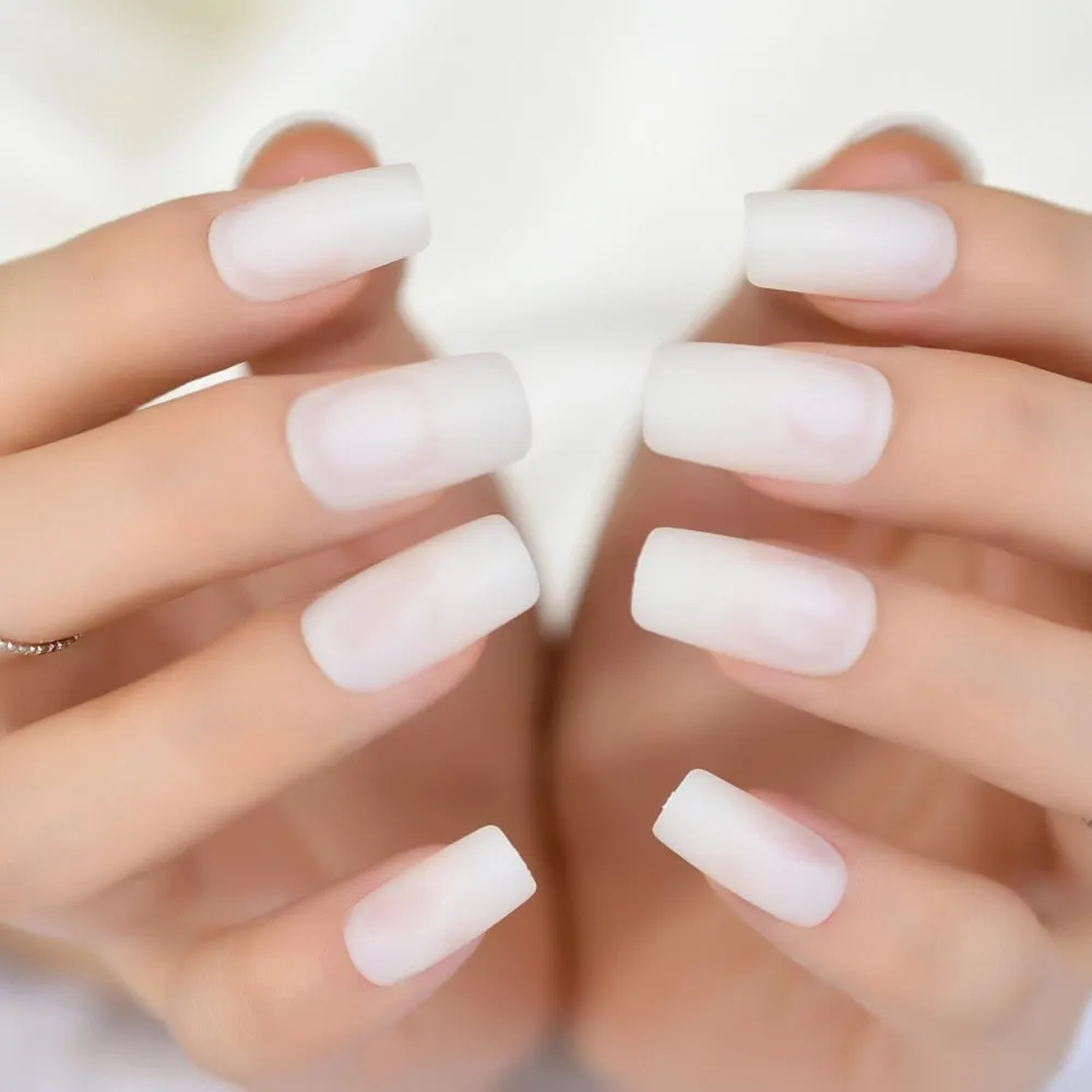Medium Long Matte Fake Nails White Matt Solid Color Nail Tips Square Acrylic Fignernails 24-Nail Inspo