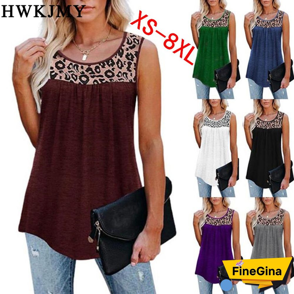 Summer Womens Fashion Casual O Neck Sleeveless Tops Leopard Printed Patchwork Camisole Loose Pleated Tank Tops Ladies Blouses