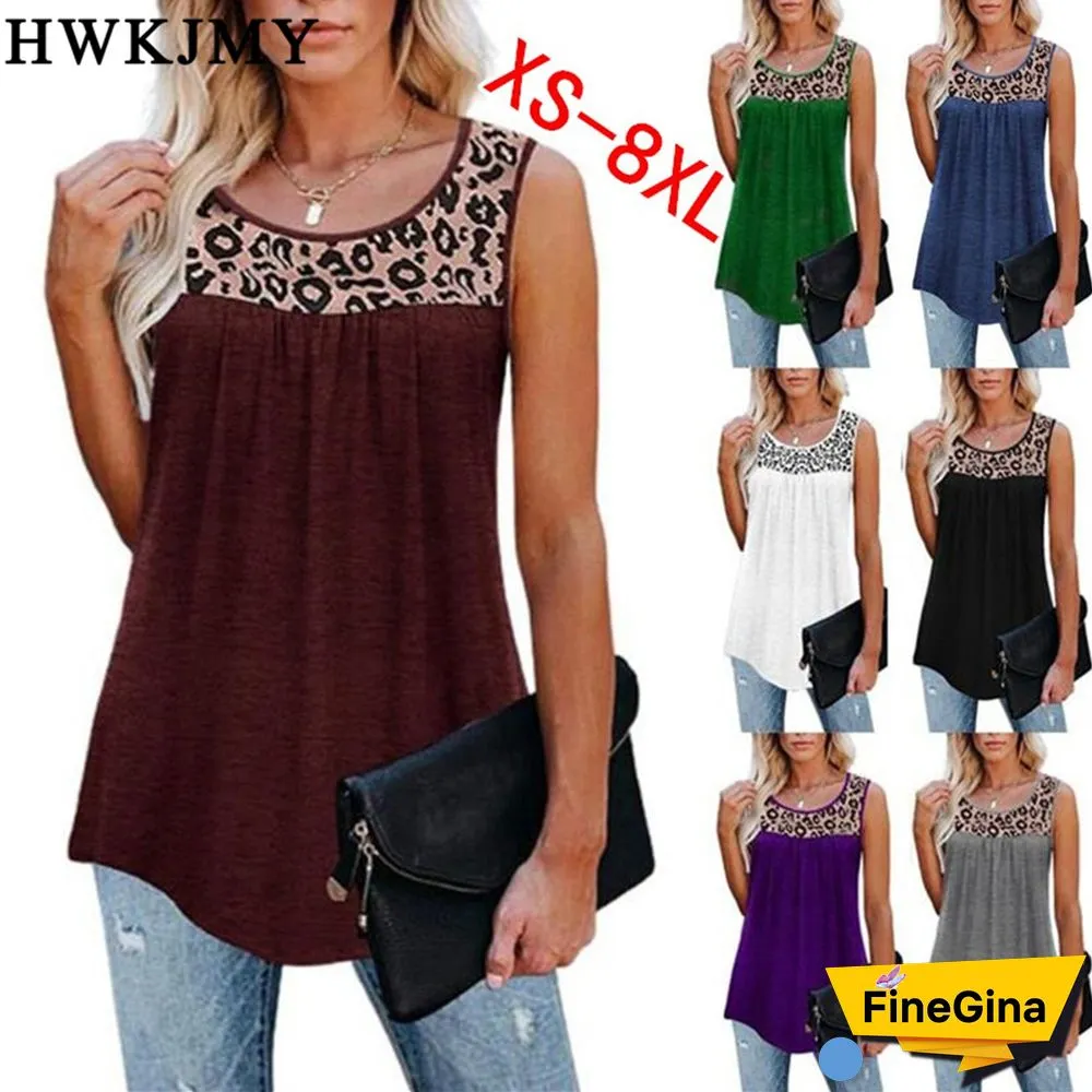 Summer Womens Fashion Casual O Neck Sleeveless Tops Leopard Printed Patchwork Camisole Loose Pleated Tank Tops Ladies Blouses