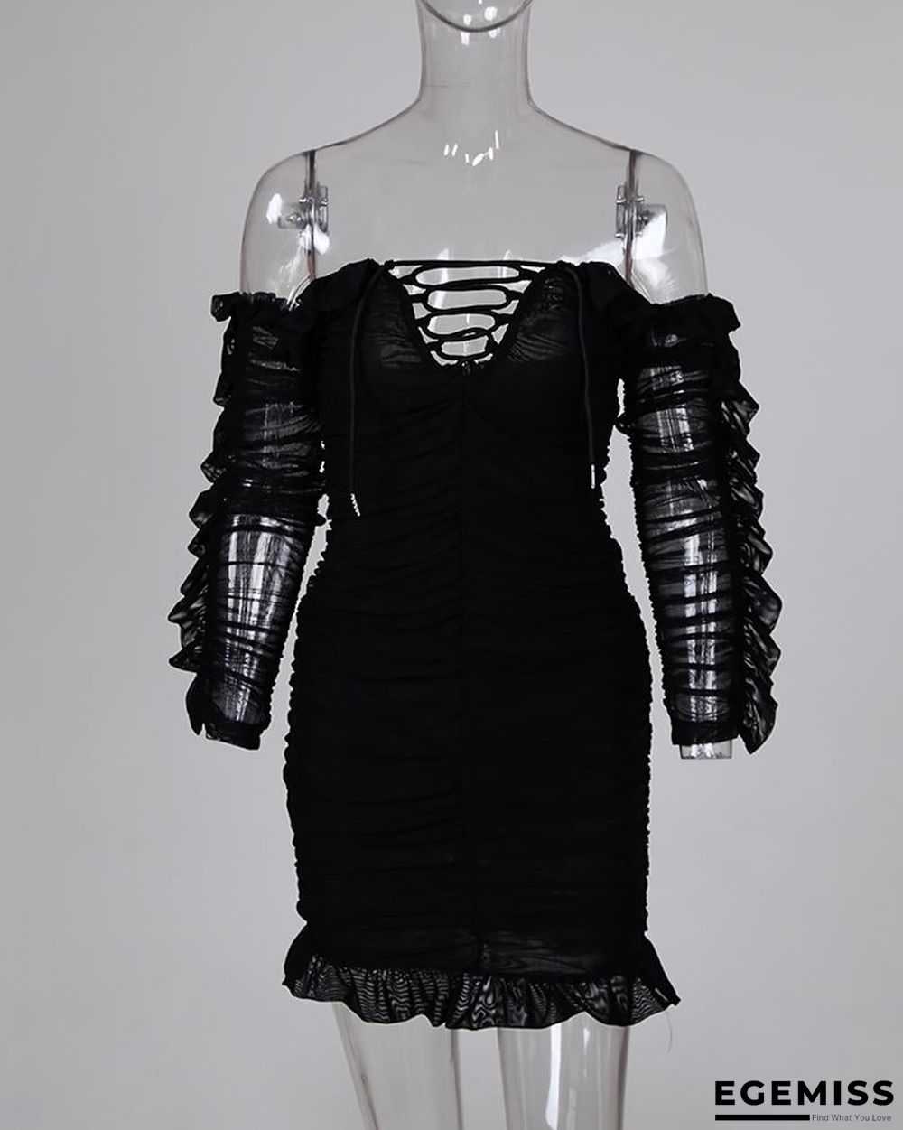 Solid Lace-Up Off Shoulder Ruffles Ruched Dress Black Dresses | EGEMISS