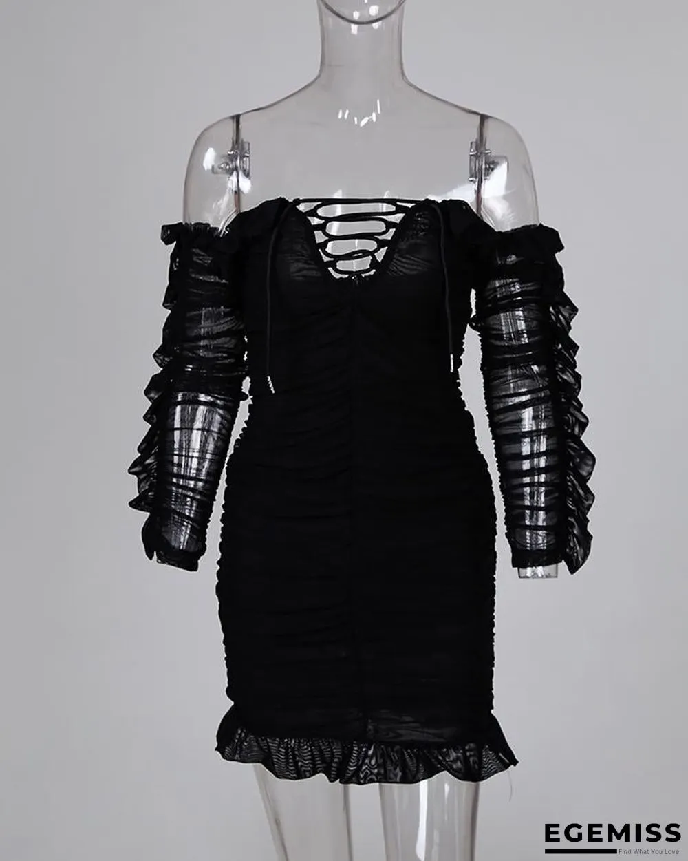 Solid Lace-Up Off Shoulder Ruffles Ruched Dress Black Dresses | EGEMISS