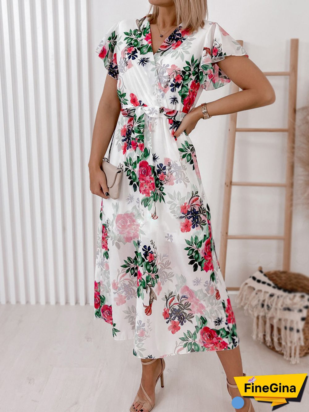 Women Casual Floral Tie-Up Long Dress Elegant V-Neck Simple A-Line Maxi Dress Mujer Summer Ruffle Sleeveless Chiffon Print Dress