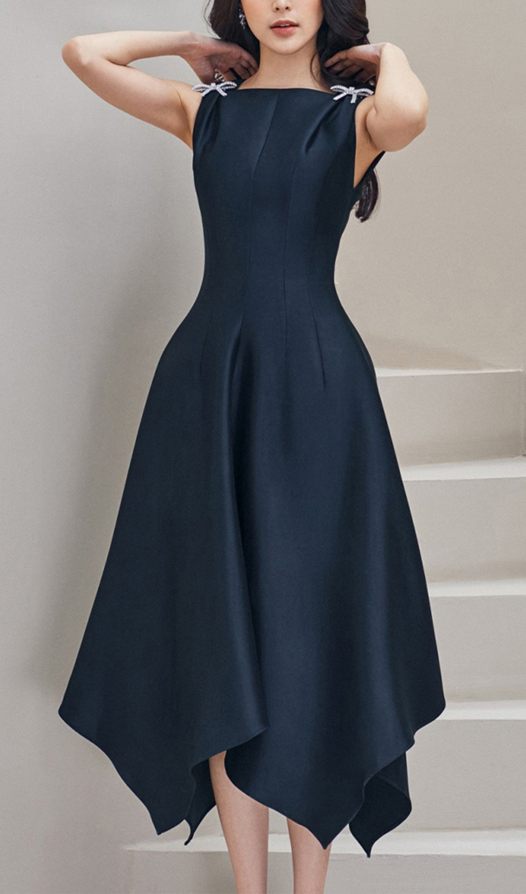 Fashionslee WomenBlack Butterfly Sleeveless High Waist Irregular Swing Midi Dress