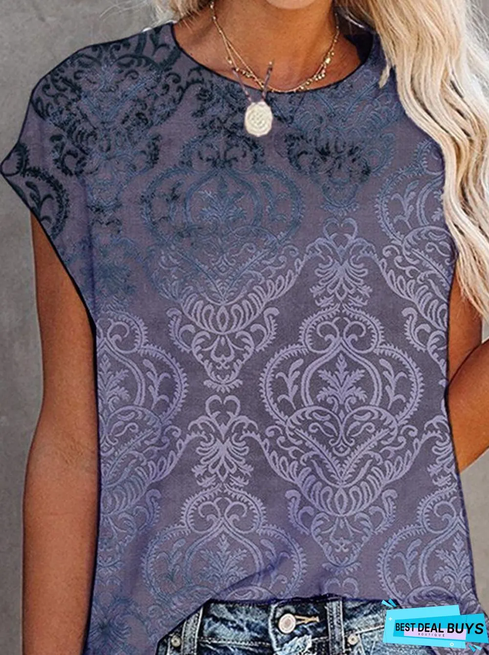 Paisley Short Sleeve  Printed  Cotton-blend  Crew Neck  Vintage Summer Blue Top