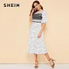 SHEIN White Mesh Yoke Polka Dot Ruffle Hem Vintage Summer Long Dress Women Bishop Sleeve Fit and Flare A Line Elegant Dresses