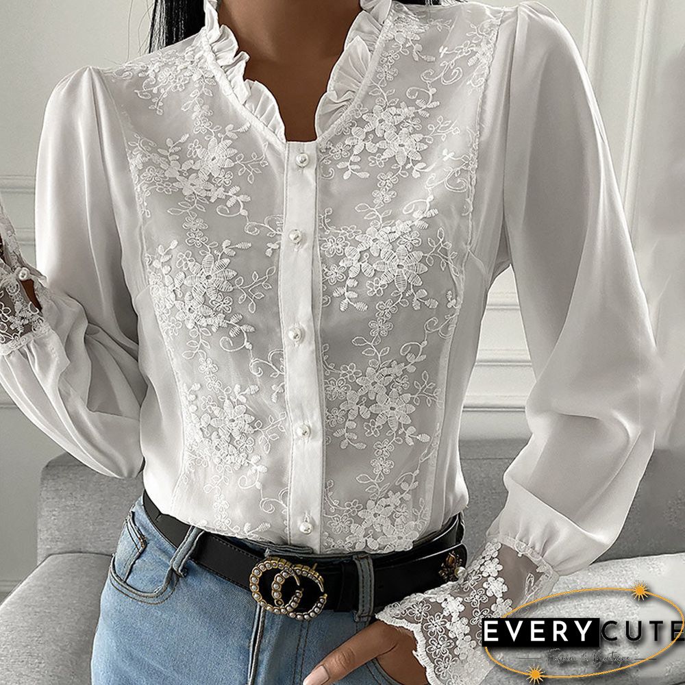 New Elegant Long Sleeve Ladies Tops Blouses Button Casual White Shirt Women Ruffles Collar Fit Slim Women Lace Patchwork Blouse