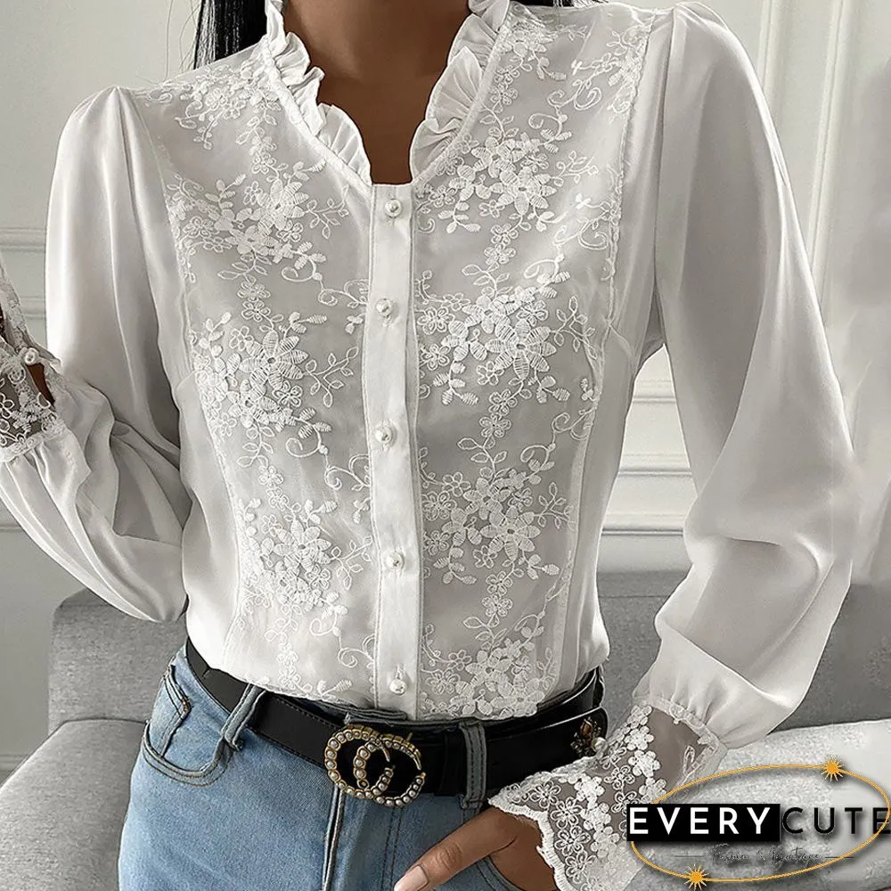 New Elegant Long Sleeve Ladies Tops Blouses Button Casual White Shirt Women Ruffles Collar Fit Slim Women Lace Patchwork Blouse