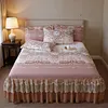 3pcs Retro Ice Silk Bed Skirt Set with Ruffle Wedding Bedspread Mattress Cover with 2 Pillowcases Machine Washable Elegant Home Decoration