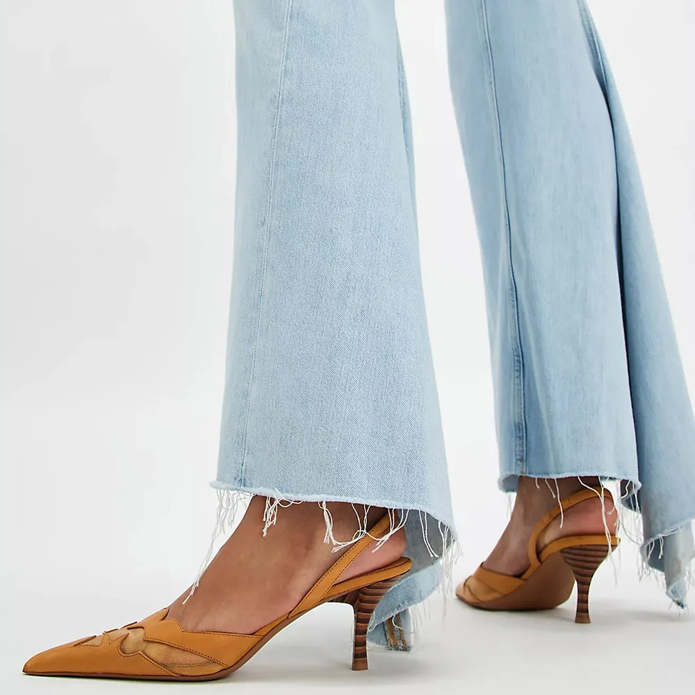 Tan Pointed Toe Patchwork Pattern Kitten Heel Slingback Pumps