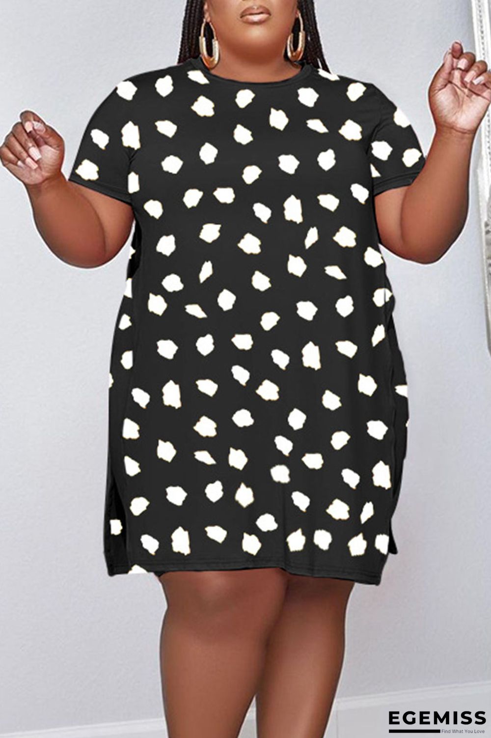 Black Casual Print Patchwork Slit O Neck Plus Size Two Pieces | EGEMISS