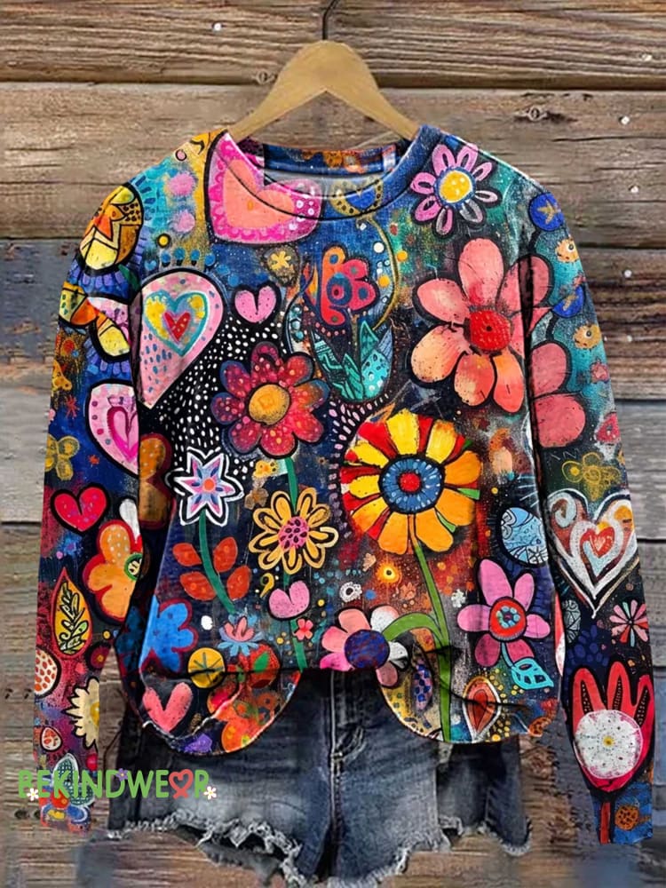 Colorful Heart Floral Sweashirt Multicolor / S