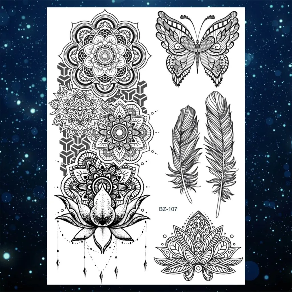 Sdrawing Henna Temporary Tattoos For Women Girls Feather Butterfly DreamCatcher Fake Gem Tattoo Sticker Chest Arm Tatoos Tribal