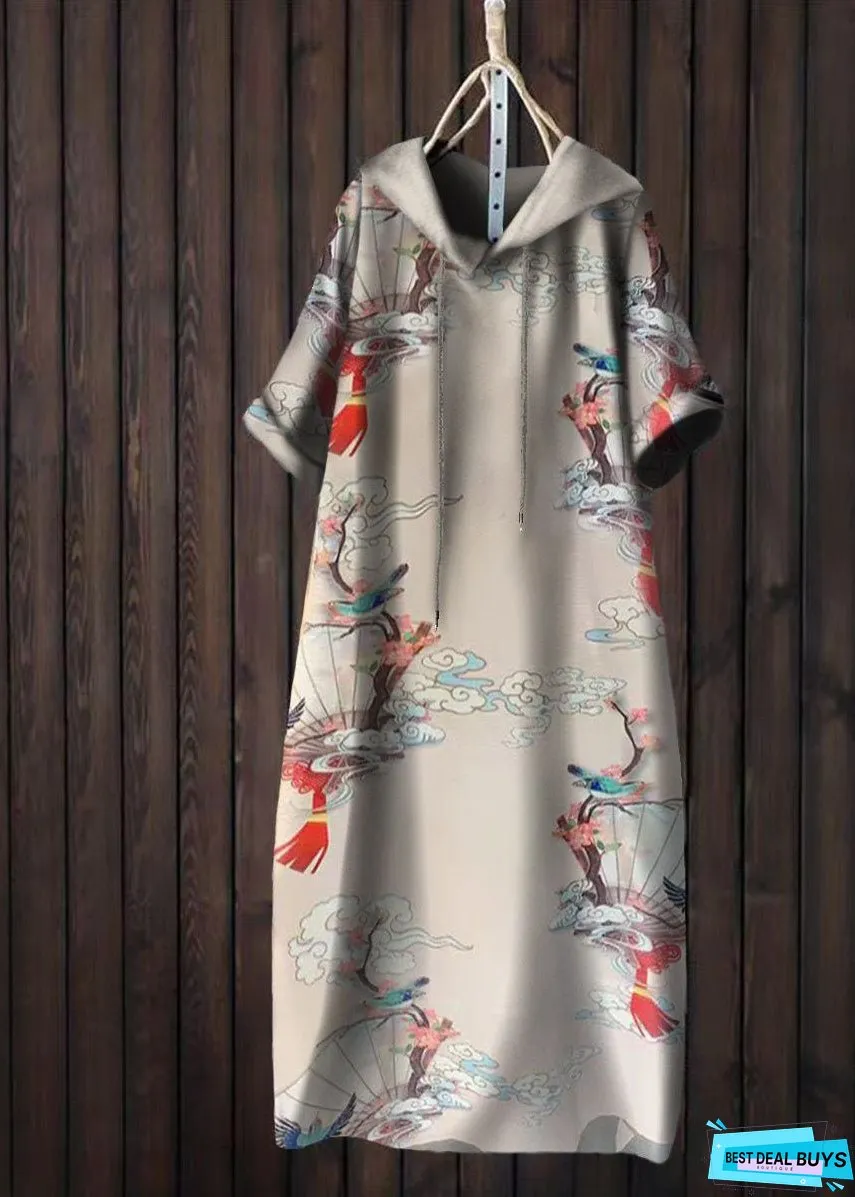 Women Yellow Hooded Print Patchwork Cotton T Shirt Dress Summer