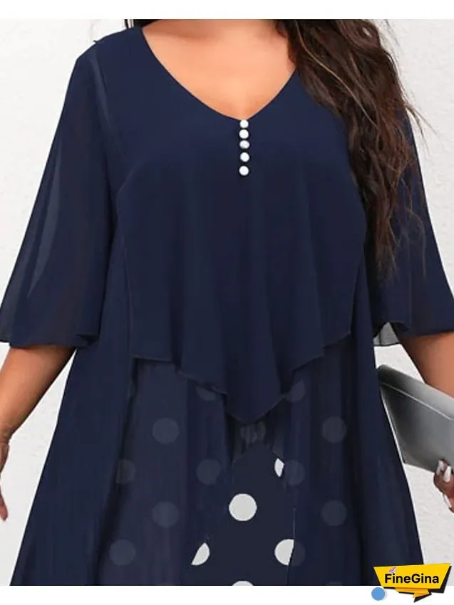 Women's Dress - Plus Size Holiday Dress Polka Dot V Neck Layered 3/4 Length Sleeve Spring Fall Elegant Maxi long Dress Formal Party Dress