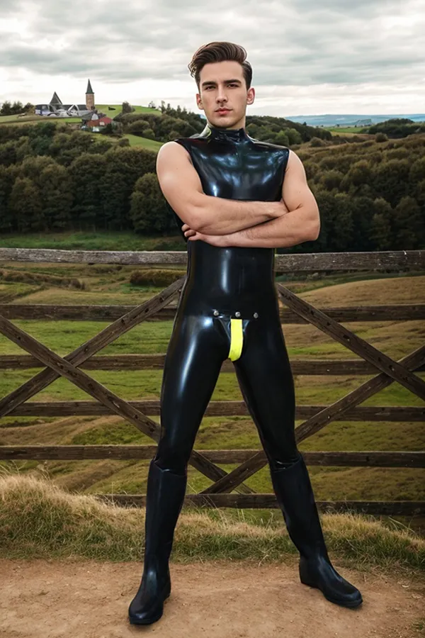 Men Latex Catsuits Sleeveless Codpiece Striped 