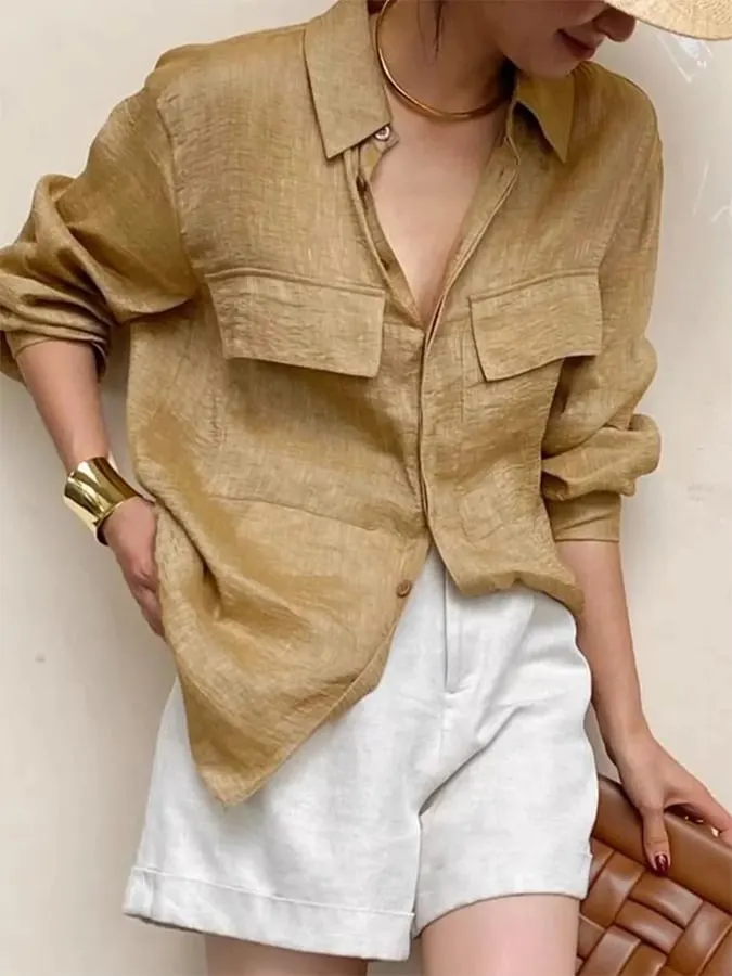 Women's Solid Color Casual Cotton And Linen Tops With Pockets