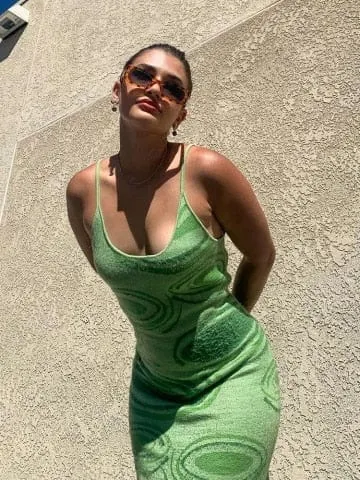 pornhint Pornhint FSDA 2023 Print Knit Bodycon Dress Women Green Summer Hollow Out Sexy Sleeveless Spaghetti Strap Beach Midi Dresses Party