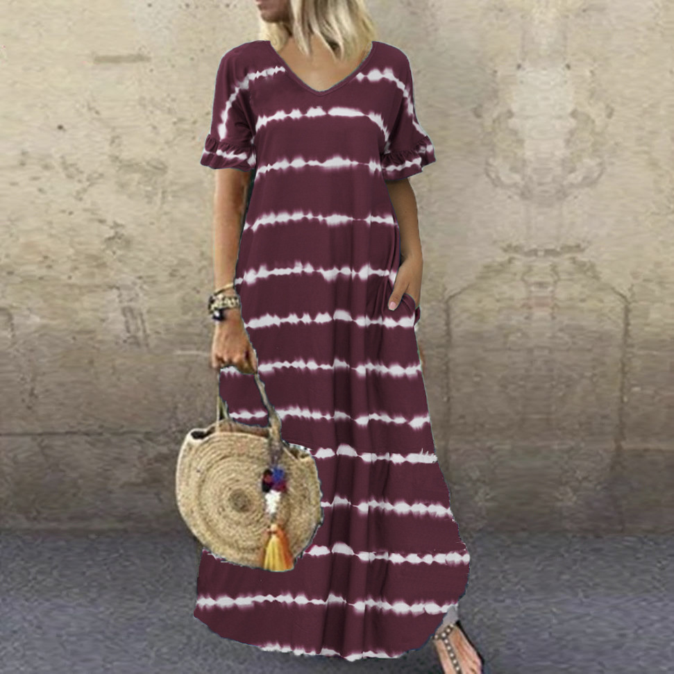 Plus Size Ruffle Sleeve Striped Printed Maxi Boho Dress