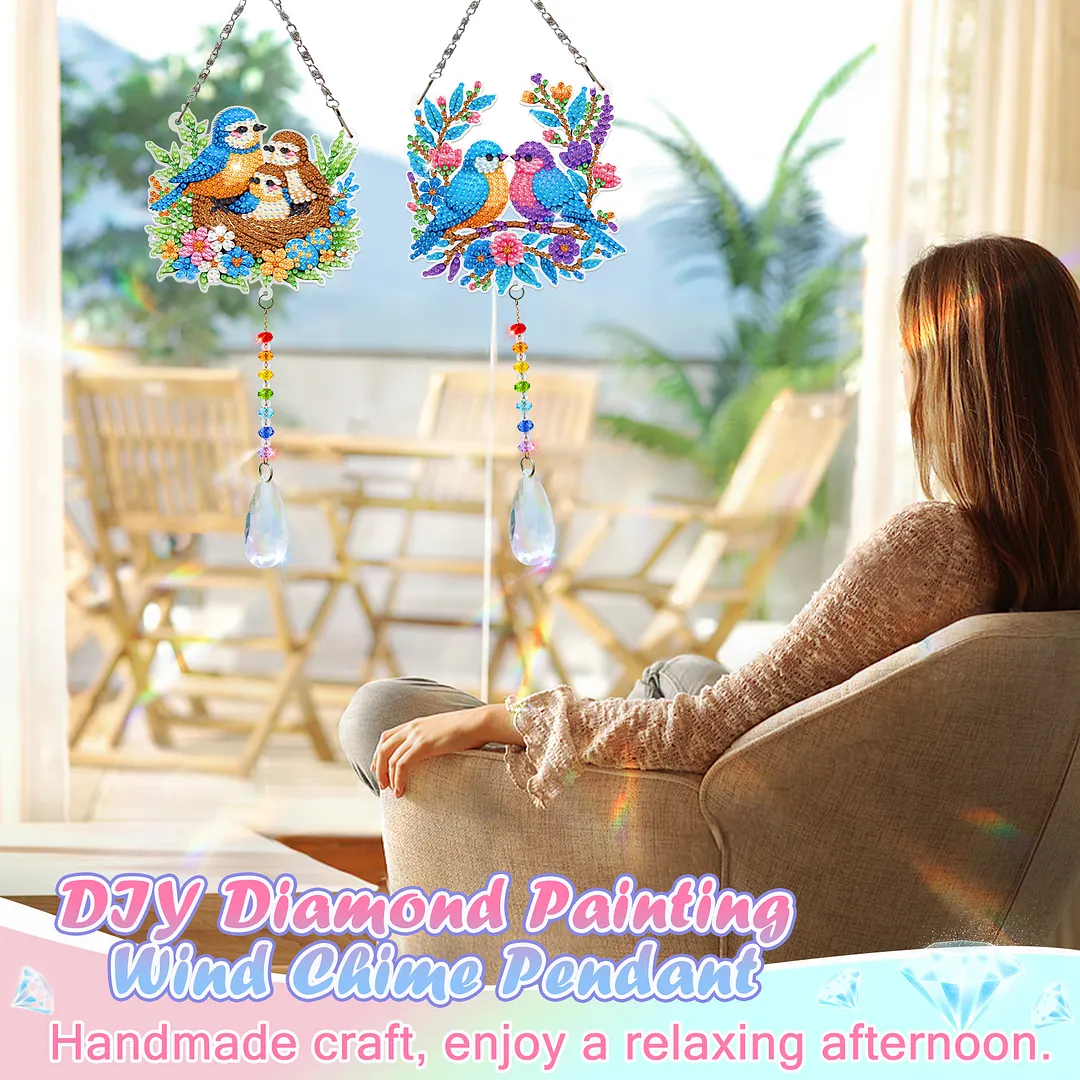 2Pcs Birds Family DIY Acrylic Diamond Painting Art Wind Chimes with Crystal Pendant Diamond Art Hanging Pendant Double-Sided for Adults Beginners Gift Home Garden Decor