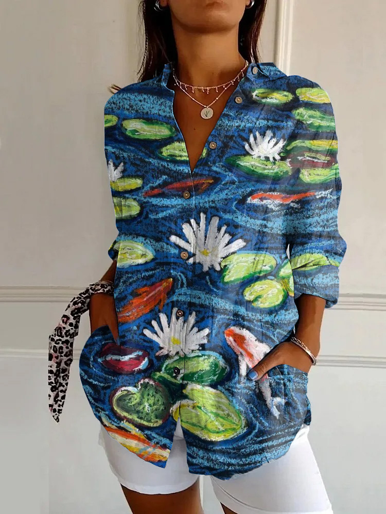 Vintage Pond Water Lily Whale Art Print Long Sleeve Shirt