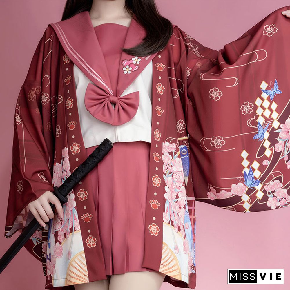 Cartoon Cat Print Loose Cardigan Kimono Outerwear