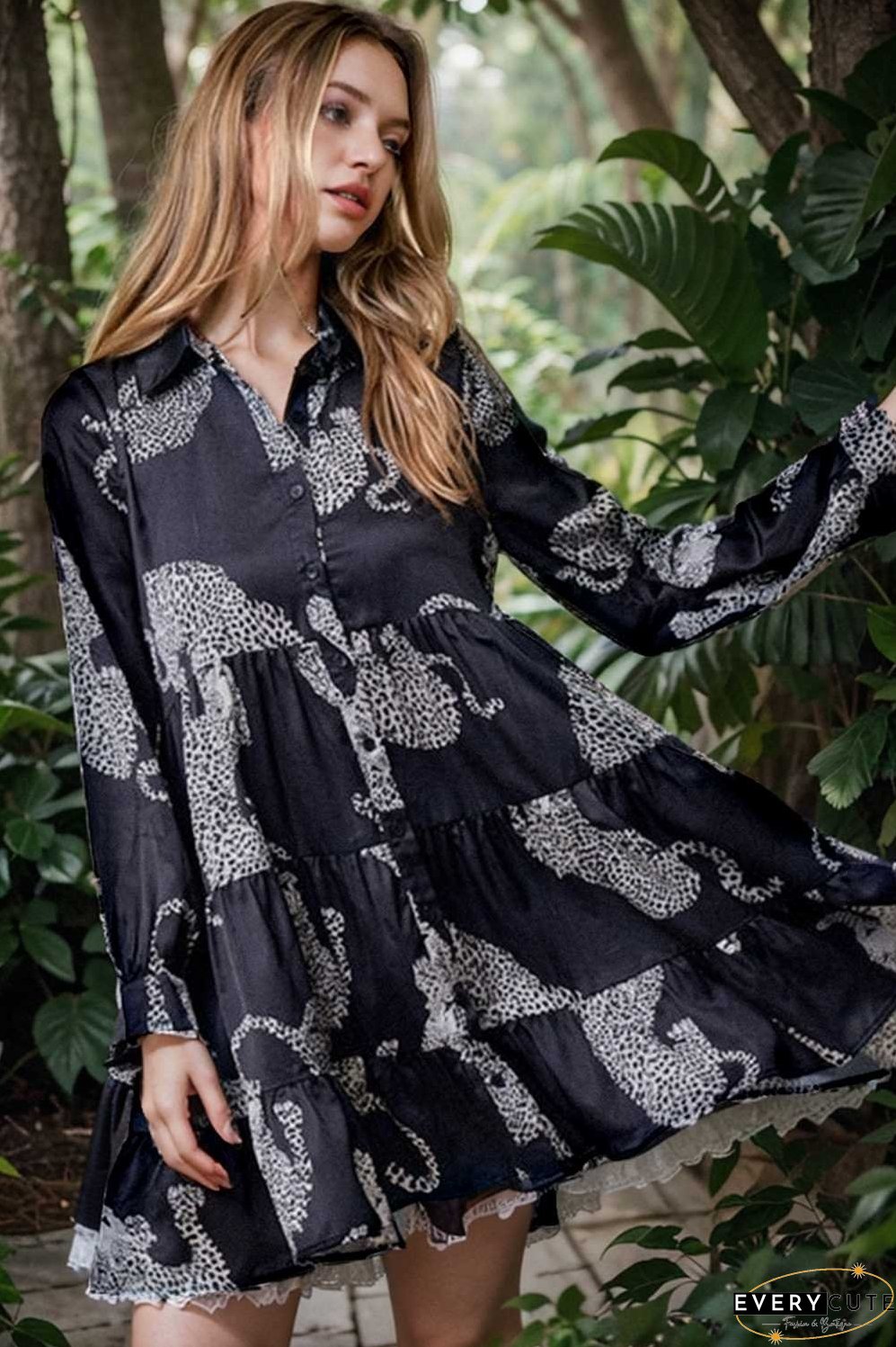leopard print collared button up shirt dress with ruffled sleeves