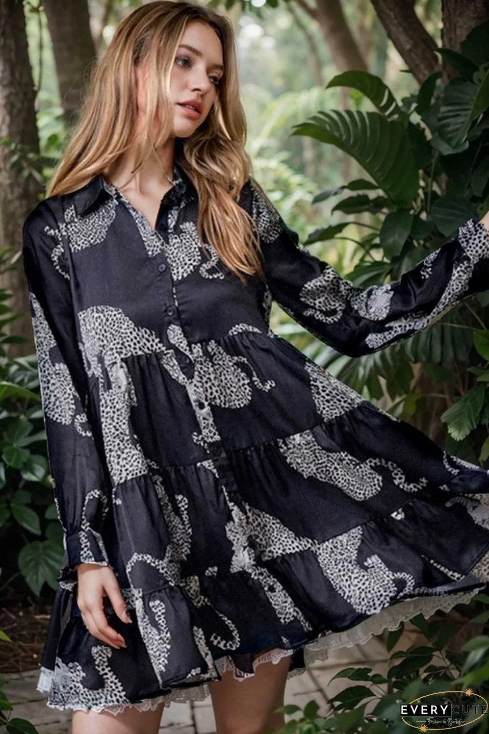 leopard print collared button up shirt dress with ruffled sleeves