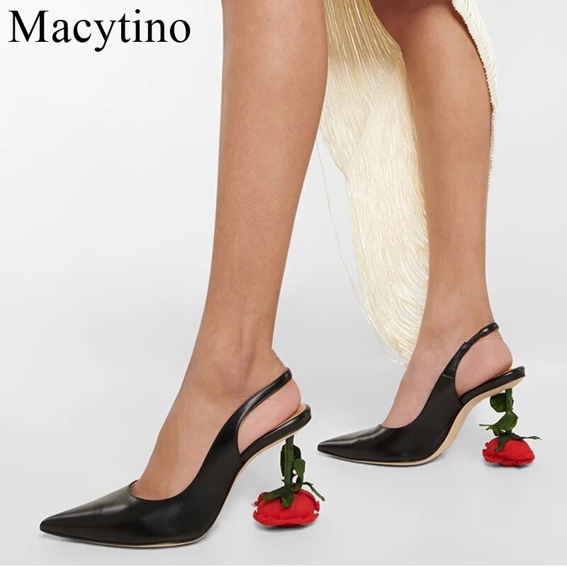 VCSHOES Red Rose Heel Pumps Flowers Decorated Lady Pointed Toe Fine Single Shoes Women Black Shoe