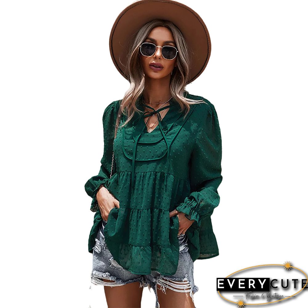 Green Swiss Dot Lace Up Long Sleeve Tops