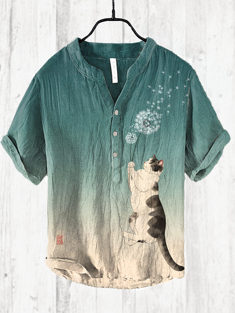Funny Cat & Dandelion Print Cozy Cotton Linen Shirt  artssus