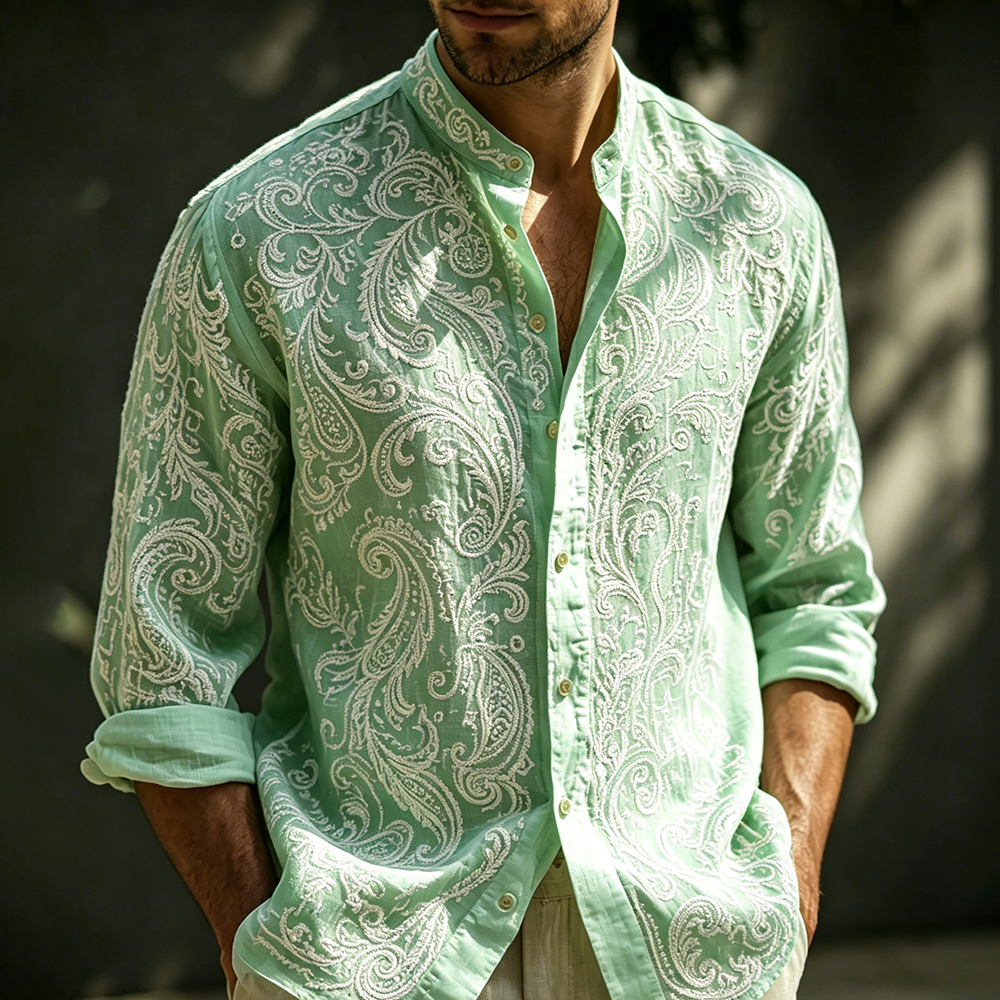 Comstylish Vintage Paisley Art Embroidered Mint Linen Blend Long Sleeve Shirt