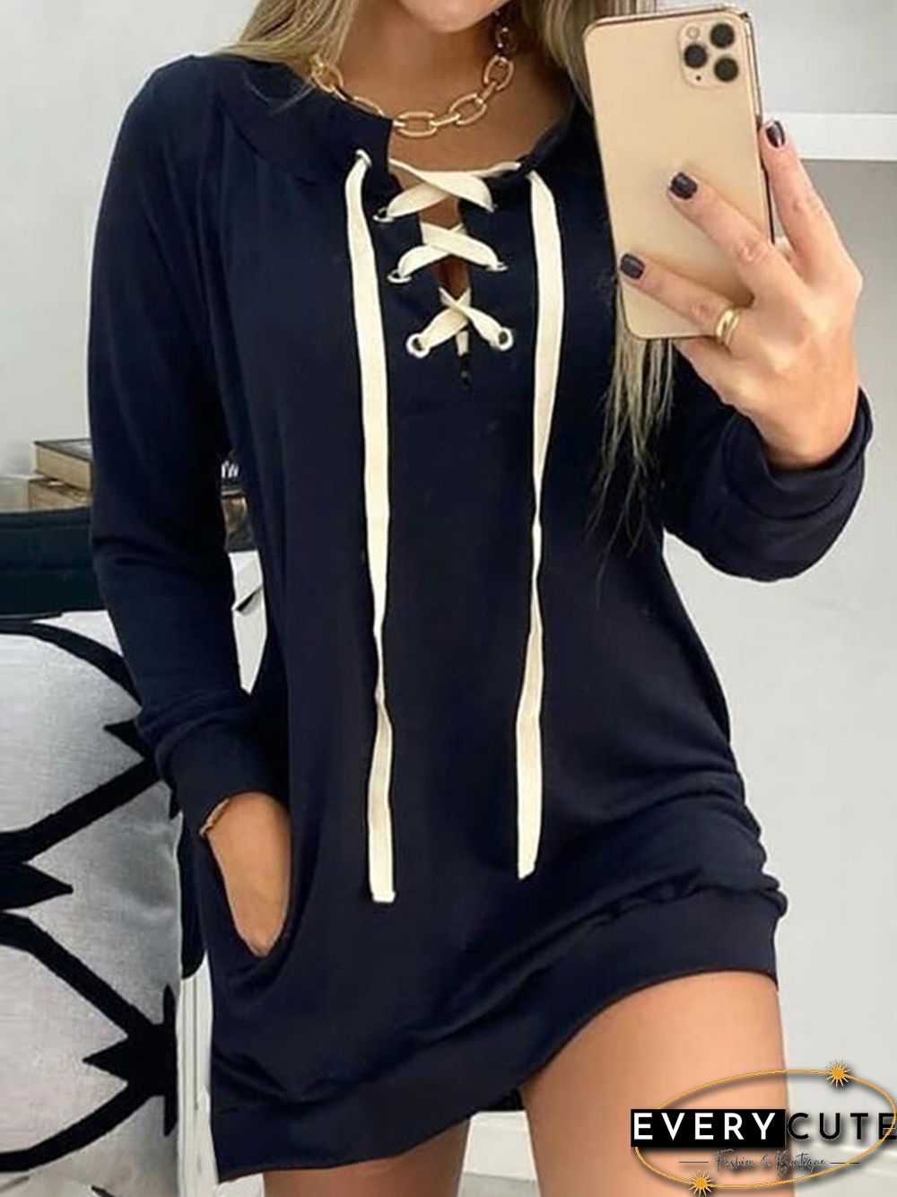 Vintage Plain Lace-up V Neck Long Sleeve Plus Size Casual Sweatshirt Knitting Dress