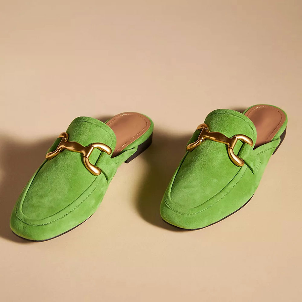Green Faux Suede Round Toe Slip-On Flat Mule Loafers with Horsebit Nicepairs