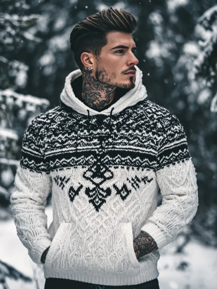 Men's Retro Viking Tribal Celtic Contrast Patchwork Chunky Hooded Sweater
