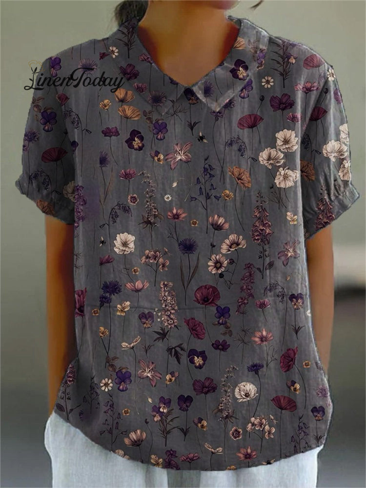 Women&rsquo;s Flower Art Print Casual Cotton And Linen Shirt Multicolor / S