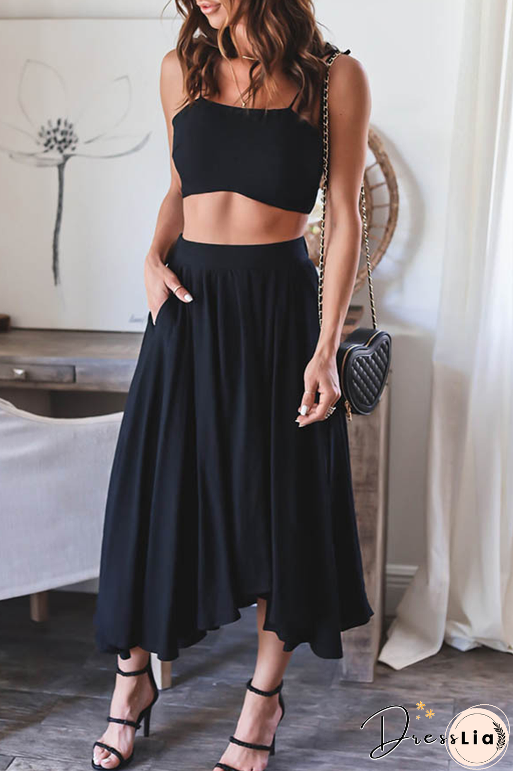 Casual Solid Patchwork Spaghetti Strap Sleeveless Two Pieces