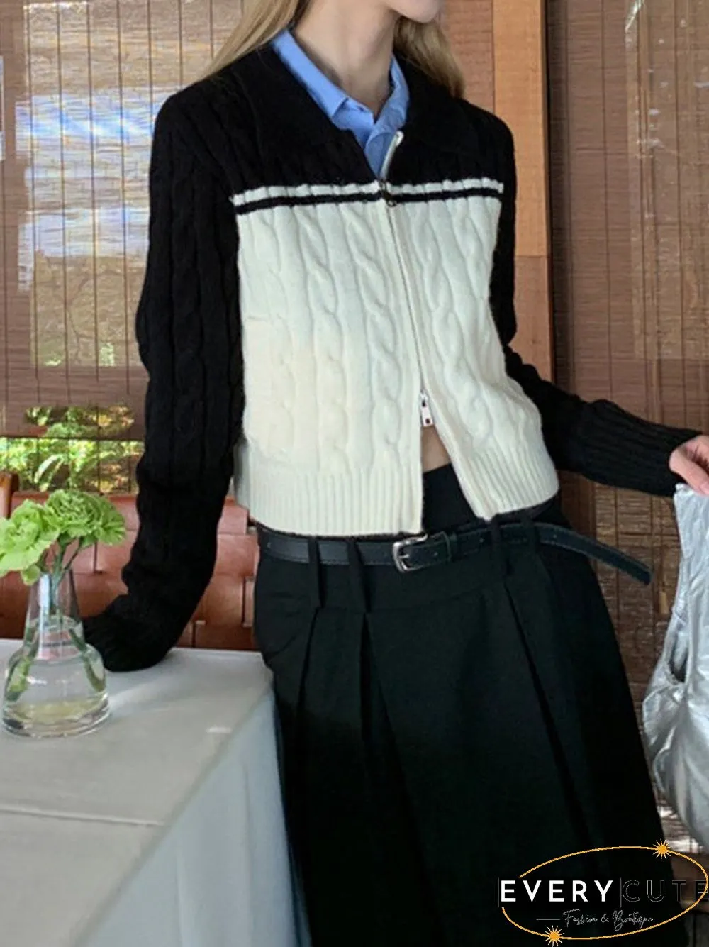 Color Block Cable Knit Zip Up Cardigan
