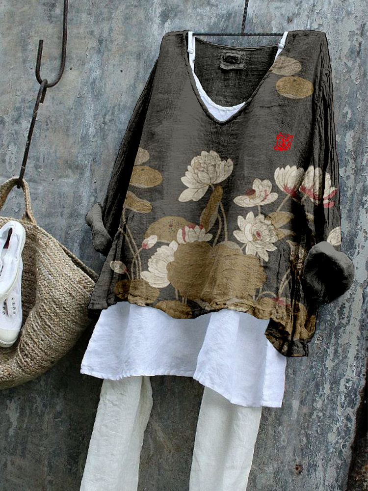 Comstylish Vintage Lotus Flower Art Linen Blend Flowy Tunic