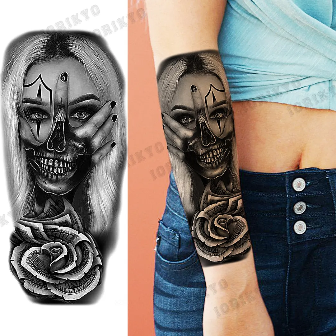 Black Devil Vampire Arm Temporary Tattoos For Women Adult Skull Lion Crown Compass Fake Tattoo Washable Body Art Painting Tatoos