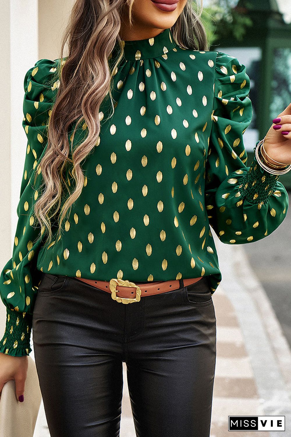Elegant Polka Dot Fold Half A Turtleneck Tops