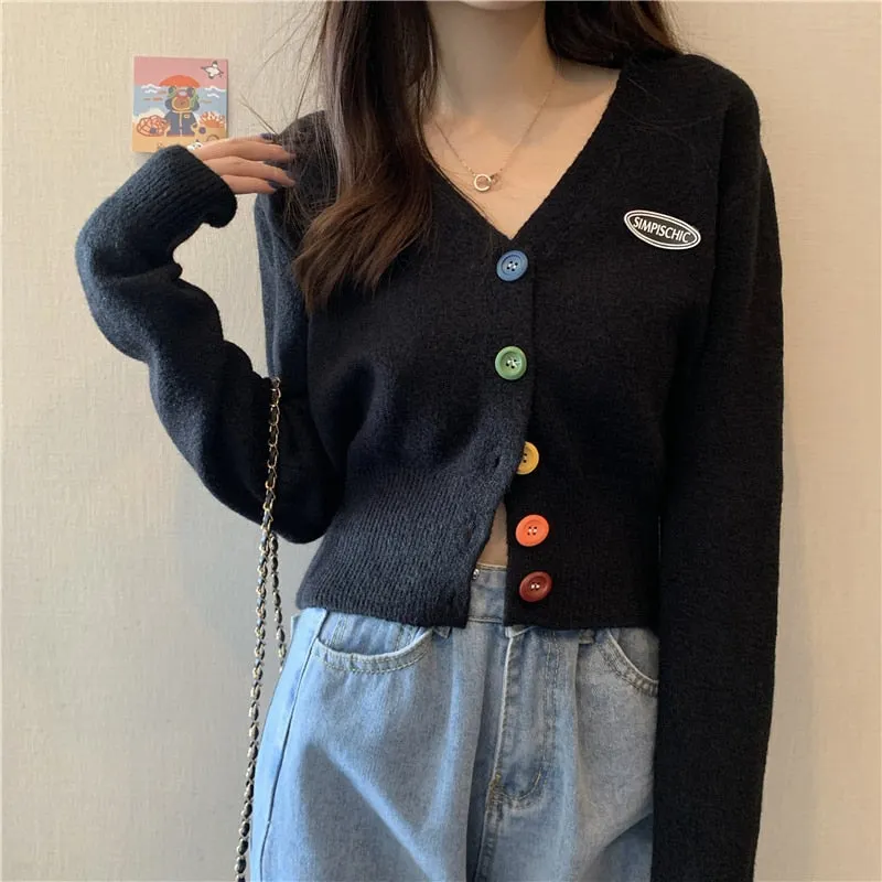 New Korean Sweet Cardigan Sweater Women Single Breasted V-neck Long-sleeved Knitted Jacket S-4XL Short Cardigan 6 colors