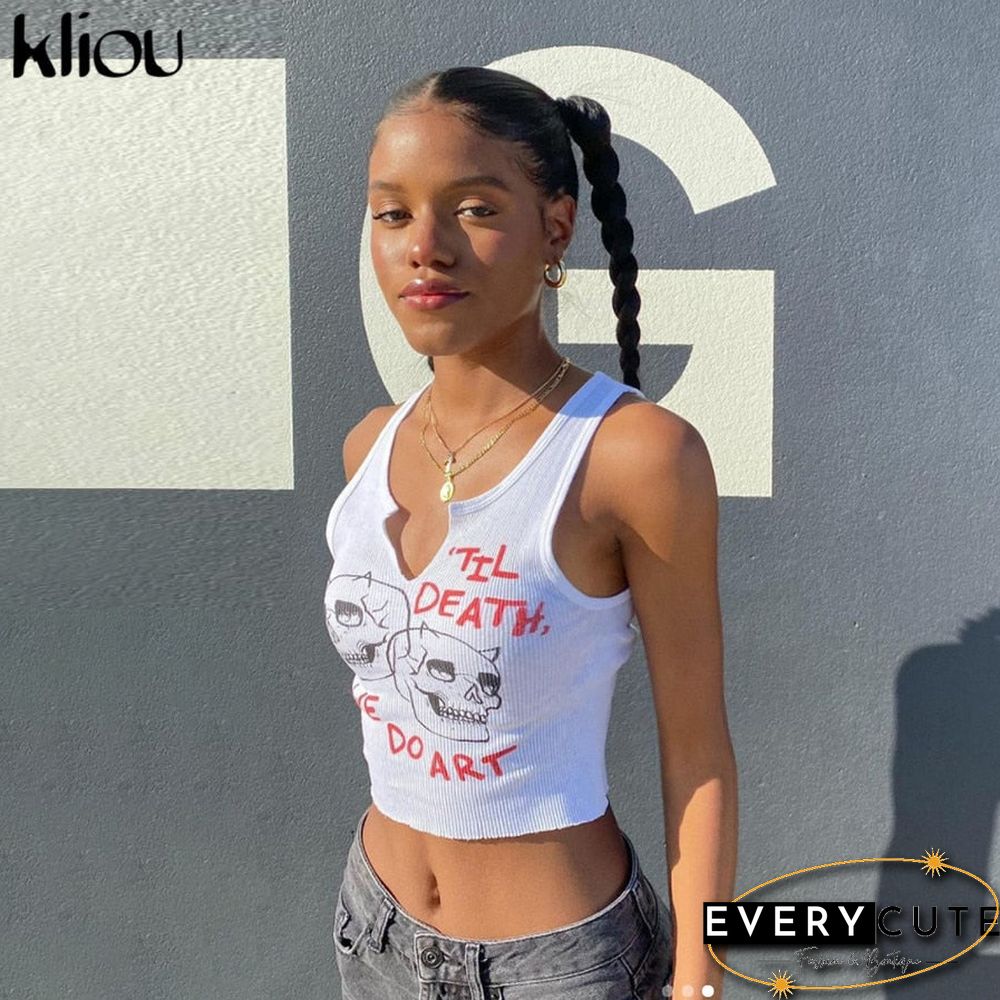 Kliou Aesthetic Graphic Cyber&nbsp;Y2k Streetwear Women Chic Sleeveless Activity Tank Tops Harajuku Skinny Crop Tops Camisole
