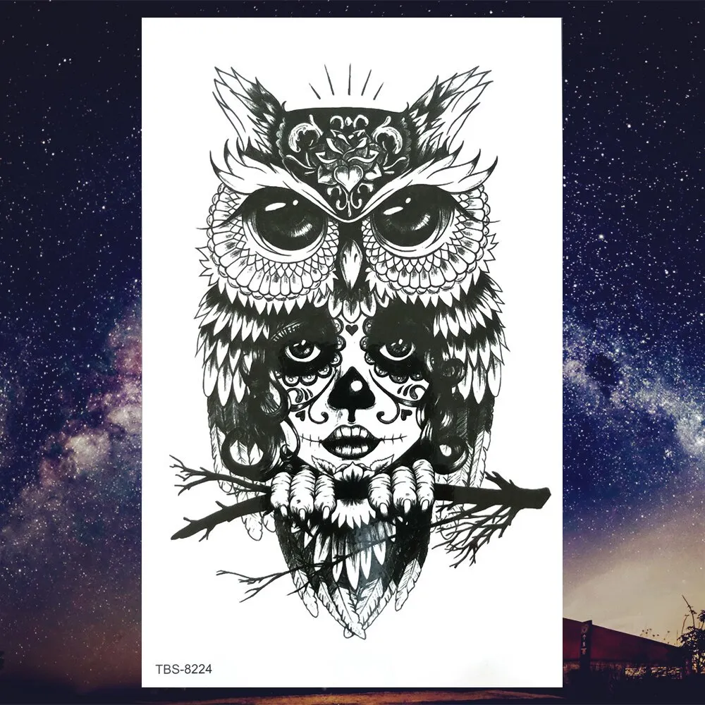 Sdrawing Henna Fake Temporary Tattoos For Men Women Black Creative Wolf Tattoo Sticker Geometric Tribe Owl Skeleton Tatoos Body Arms