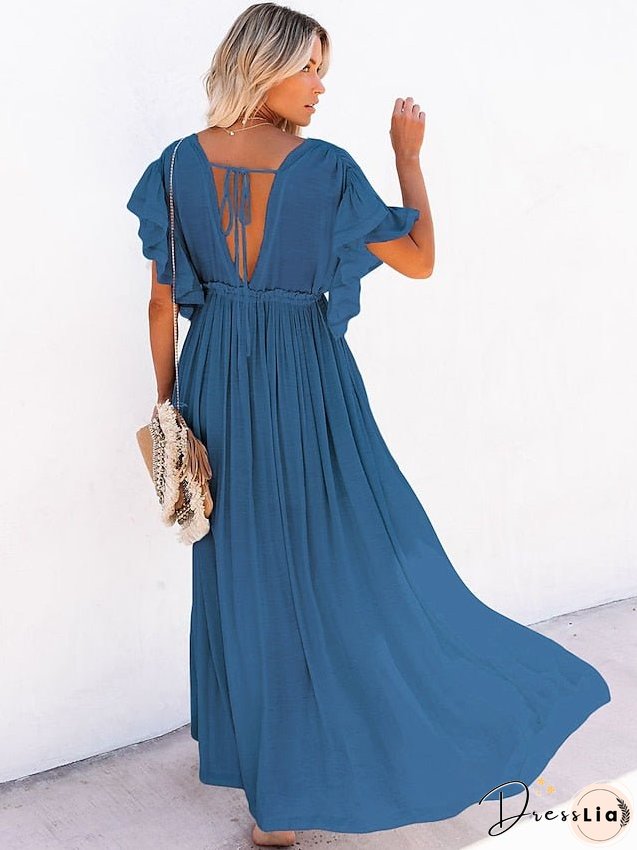 Swing Dress Maxi long Dress Green Orange Rust Red White Black Backless Short Sleeve Solid Color Summer Spring V Neck Boho Beach Loose One-Size for Women