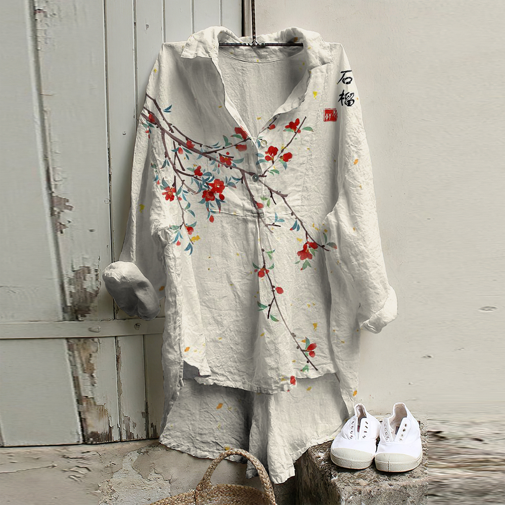 Vintage Pomegranate Ink And Wash Floral Art Woven Tunic