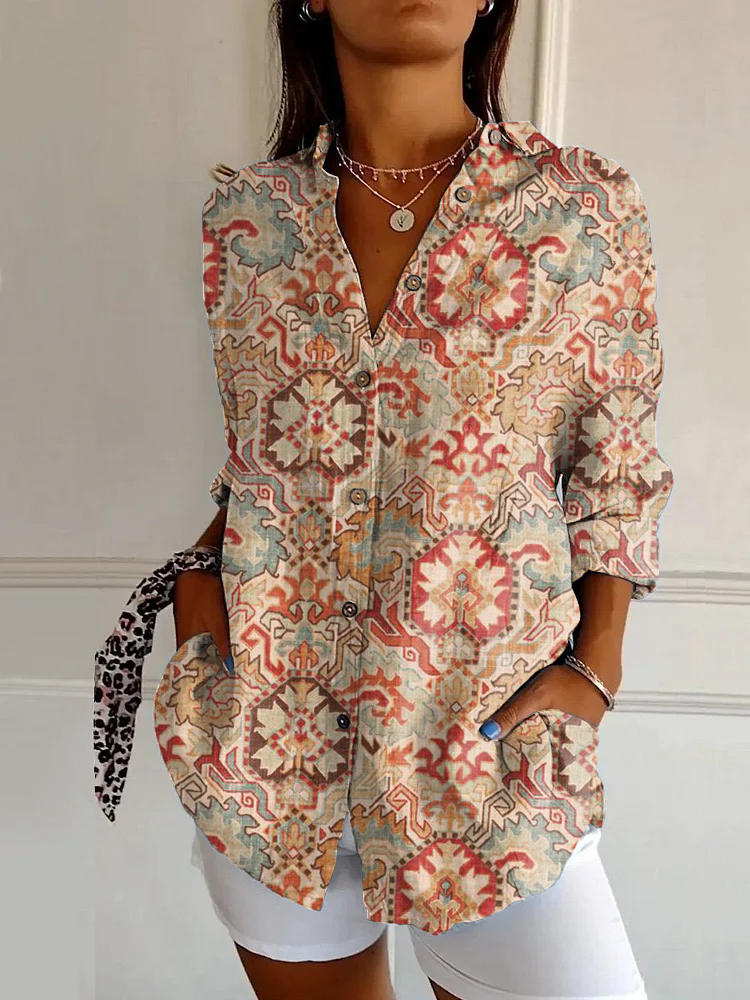 Vintage Ethnic Floral Print Casual Long Sleeve Shirt