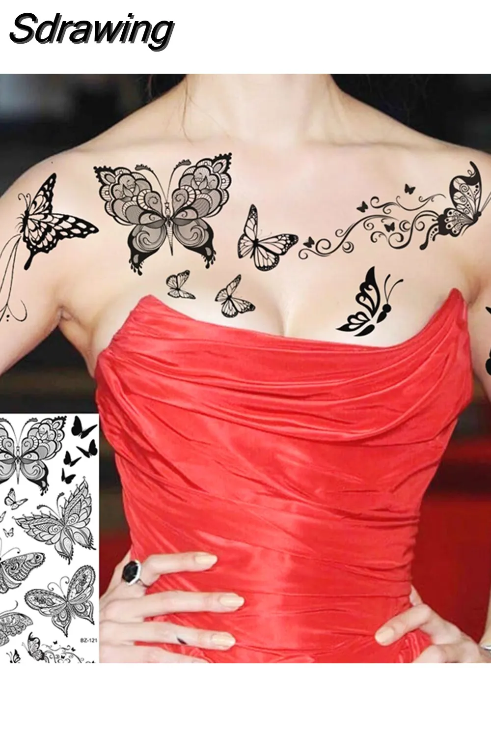 Sdrawing Peony Flower Temporary Tattoos For Women Adults Realistic Compass Moon Pendant Fake Tattoo Sticker Arm Body Tatoos 507-1