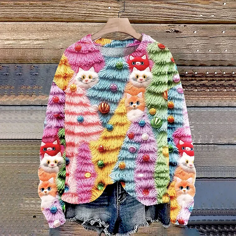 Christmas Tree Cute Cat 3D Print Knit Sweater